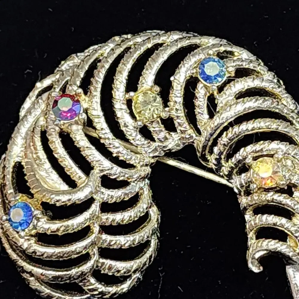 Feather Plume Aurora  Borealis Rhinestone Brooch Gold Tone C Hook Latch Vintage